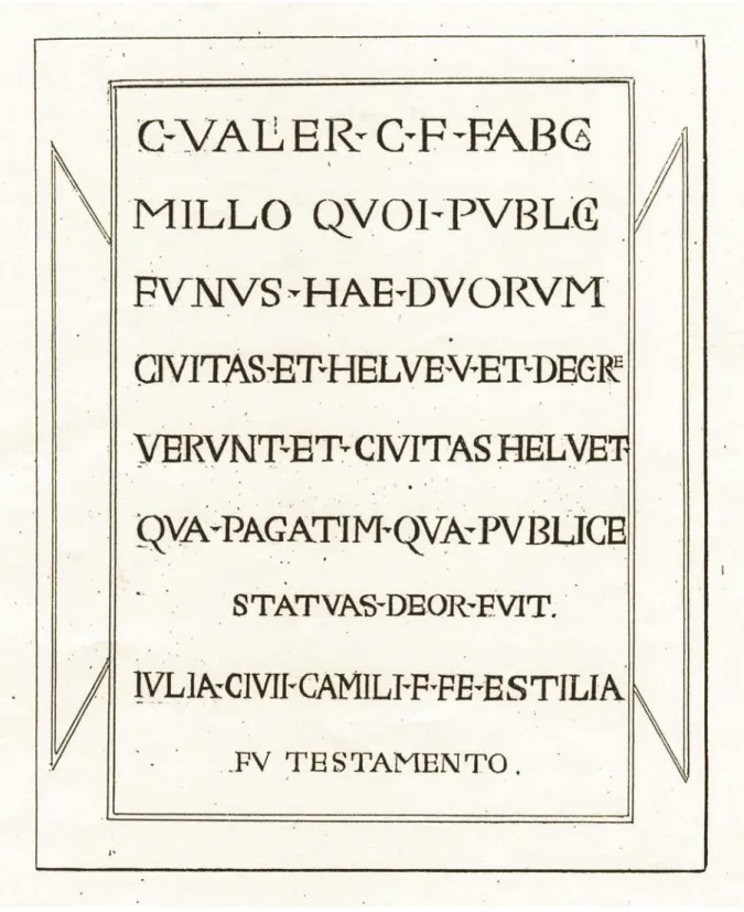 fig. 2. Relevé de l'inscription à C. Valerius  Camillus par l'architecte A. Parent (Mémoire  sur les recherches des Antiquités de l'Helvétie  de 1800 à 1810, Manuscrit de Soleure, Mss