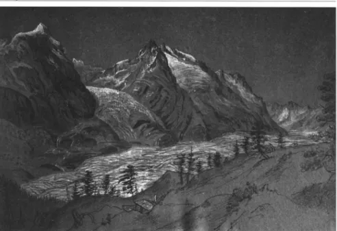 Abb. 5: Blick von der Riederfurka auf den Grossen Aletschgletscher. Im Hinlergrund ist der in zwei  Zungen endende Oberaletschgletscher sowie der Driestgletscher mit den Fusshörnern abgebildet