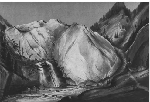 Abb. 6: Der Grosse Aleischgletscher am 20. August 1849. Der vorrückende Eisstrom drückt hoch- hoch-stämmigen Wald um und überdeckt mit seinem Moränenwall den alten Aletschweg (rechts unten im  Bild)