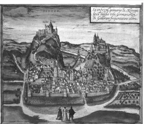 Abb. 4: Die Bischofsstadt Sitten mit den Hügeln und Burgen Valeria und Tourbillon,  Radierung von Franz Hogenberg (1575) 