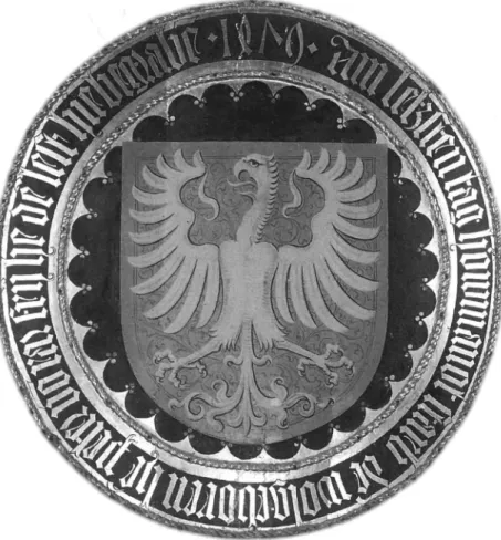 Abb. 3: Totenschild des Petermann von Raron,  aus dem Kloster Rüti (ZH) um 1479  Umschrift: «1479 am letzsten tag ho'wmanot starb  der wolgeboren her Peter von Raren, fryher, der lest hie begraben» 