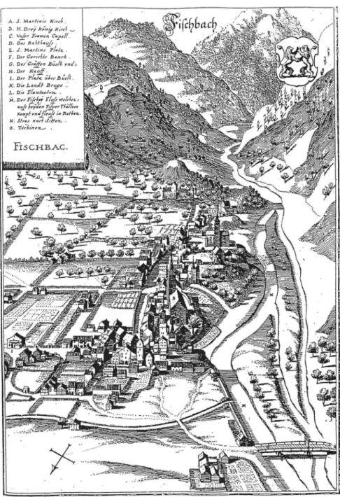 Abb. 9: Visp in der Mitte des 17. Jahrhunderts, Kupferstich von Matthäus Merian (1654)