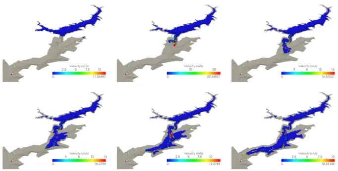 Fig. 14. Malpasset dam break: snapshots of the 3D solution at times t = 0, 100, 200, 300, 400 and 500 [s].