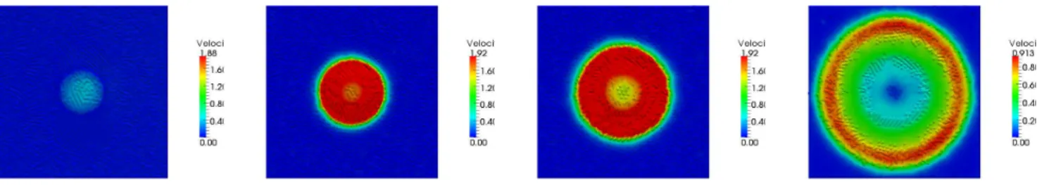 Fig. 8. Axisymmetric Stoker test case: visualization of the velocity magnitude of the water surface at times 0, 0.5, 1.0 and 2.5 [s] (left to right).