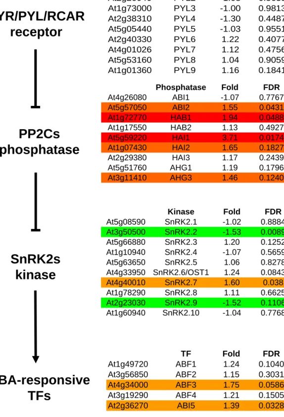 Figure S5. Core ABA signalling module in Arabidopsis. Levels (Fold) and statistical significance  (FDR) of the gene transcripts coding for ABA-related  receptors, phosphatases, kinases and 