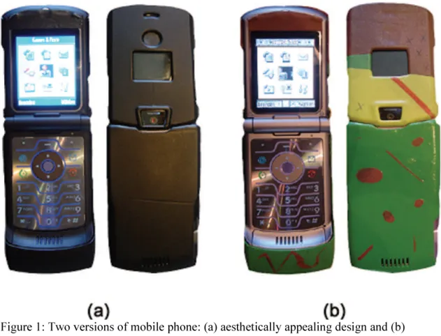 Figure 1: Two versions of mobile phone: (a) aesthetically appealing design and (b)  aesthetically unappealing design 