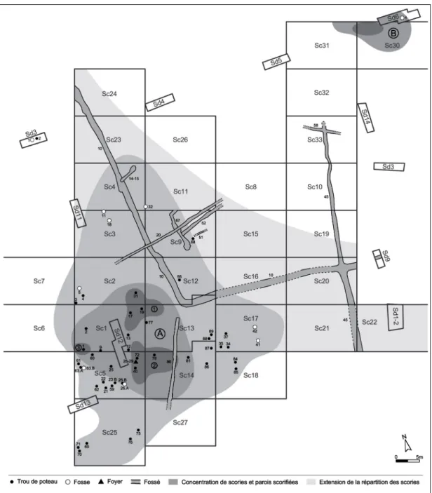 Fig. 5: Plan de répartition des déchets liés à la métallurgie (scories et parois scorifiées) toutes couches confondues.