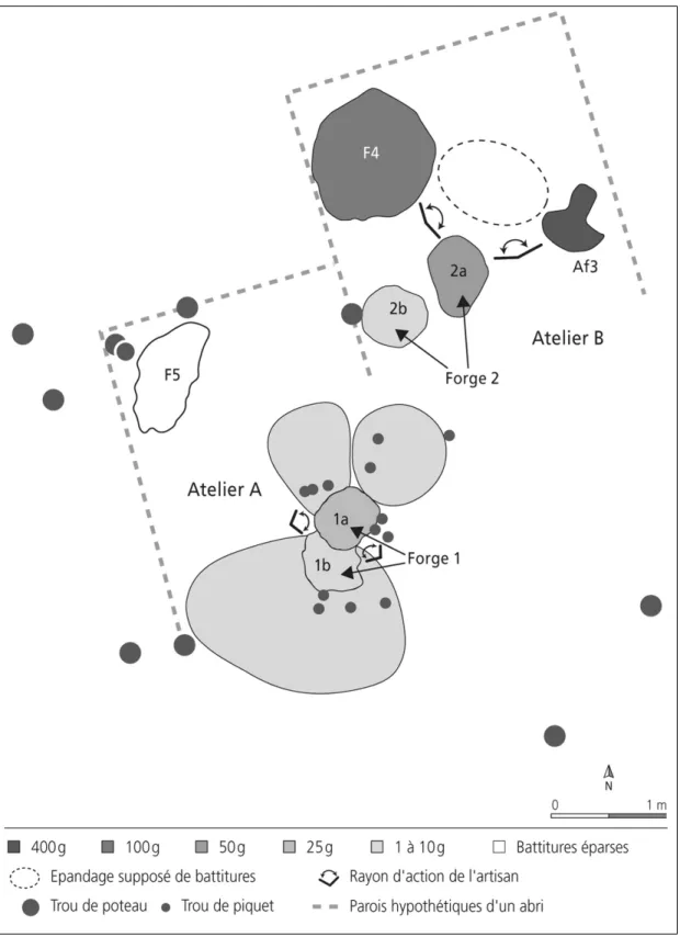 Fig. 2: Modèle d’organisation spatiale des ateliers de forge A et B (CAJ 26, fig. 67).