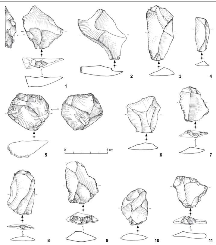 Fig. 7. Alle, Les Aiges. 1-2. Éclats Levallois débordants ; 3. lame Levallois ; 4-5. éclats Levallois atypique ; 6-8, 10-11