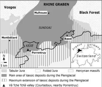 Fig. 1. Situation géographique et géologique de la région  d’Ajoie, dans le Jura suisse (d’après Becker et al., 2009)