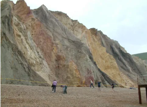 Figure 3:  The traditional holiday pursuit – viewing the  coloured sands at Alum Bay.  Variability in the mineral  coatings of the Eocene sands results in the striped cliffs