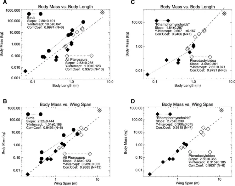 FIGURE 6. Logarithmic regression plots of estimated total body mass against body length and wingspan for the bird (black circles) and pterosaur models (‘rhamphorhynchoids’—black diamonds, pterodactyloids—open diamonds)