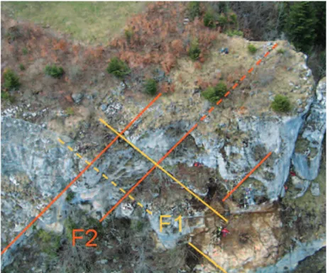 Figure 7: photographie prise à la verticale de la niche d’arrachement (hélicoptère, 20.03.2008); quelques fractures représentatives des familles F1 et F2 sont reportées sur la  photographie