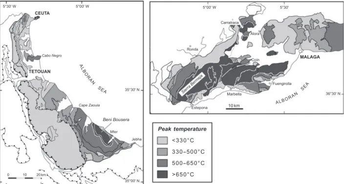 Fig. 11. Maps of the inner Rif and Western Betics showing peak temperatures in the Alboran Domain units