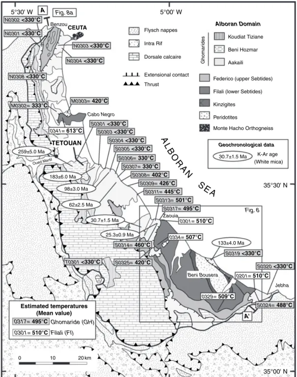 Fig. 2. Geological map of the inner Rif (modiﬁed after Rif 1/500 000 geological map, Geological Survey of Morocco; Suter, 1980) showing mean temperatures estimated by the RSCM method in the Ghomaride and lower Sebtide complexes (see location on the map in 
