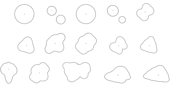 Figure 1.3: Optimizers of volume 0.1 in D 2 for the k -th eigenv alue, k = 1, . . . , 15 , left to