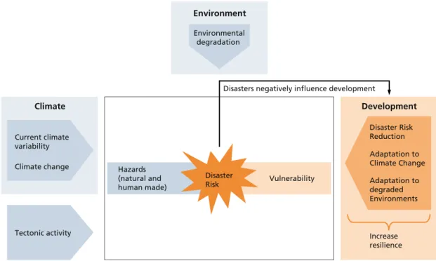 Figure 1 Key terms to the risk perspective. Due to practical reasons, current climate change, climate variability and weather  extremes are not anymore mentioned separately