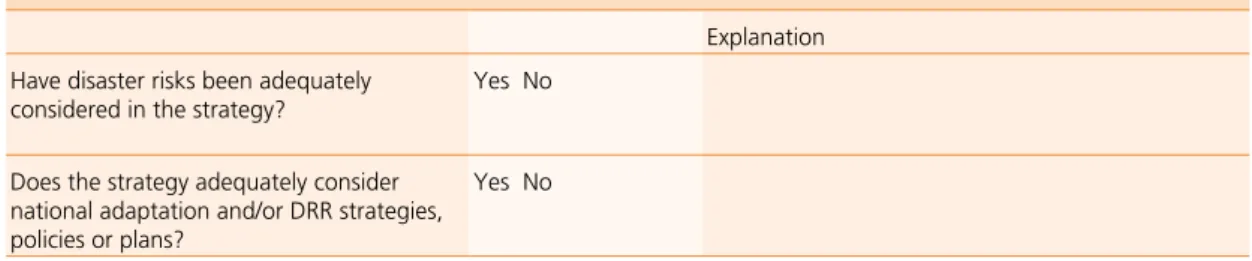 Table 5 Proposed reporting format to analyse whether disaster risk are already considered in the strategy.