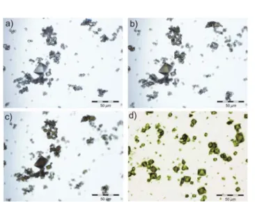 Fig. 14 Optical micrographs of CFA-2 crystals oxidized by t-BuOOH (a–c). The images were recorded at time steps of 3 minutes after exposing crystals of CFA-2 to a solution of t-BuOOH in DMF at c = 100 mmol L −1 