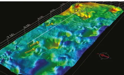 Figure 3.  LiDAR scans of the Texas Memorial portion of Bird’s theropod-sauropod chase sequence,  with selected foot length and stride length measurements shown