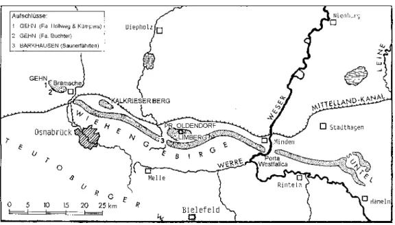 Abb. 1: Lage des Wiehengebirges zwischen Porta Westfalica und Bramsche
