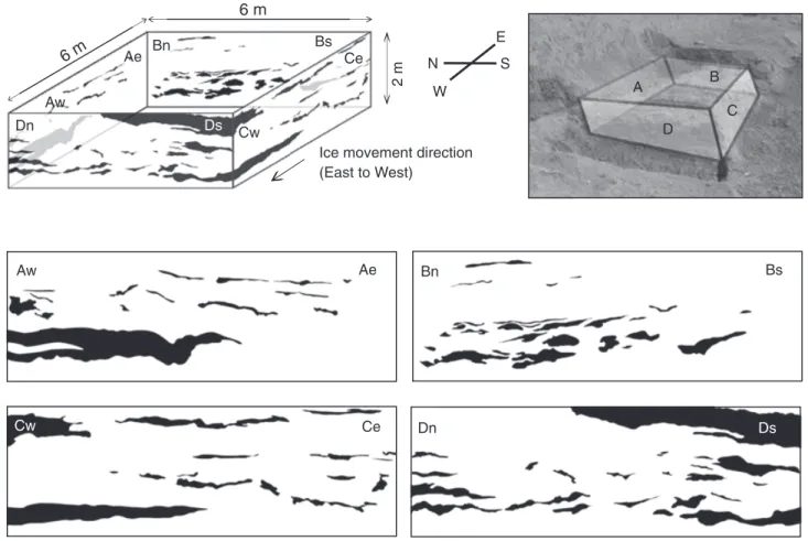 Figure 5. Mapped till cross sections with sand lenses. The upper pictures show the orientations and dimensions of the excavated block of clayey till