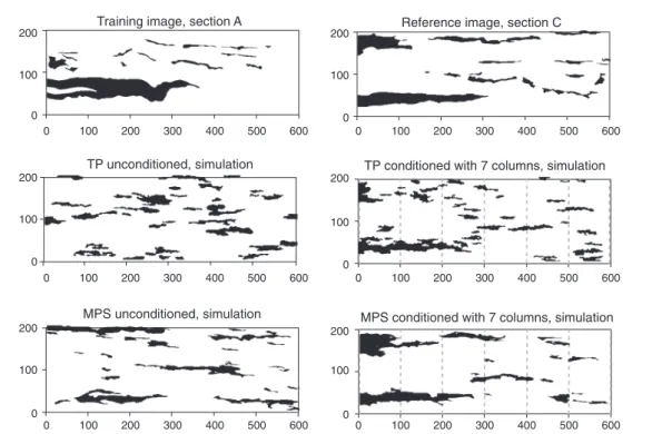Figure 7. Cross sections and realizations. The left column shows the TI (Section A) and the unconditional simulations with transition probability and multiple-point simulation