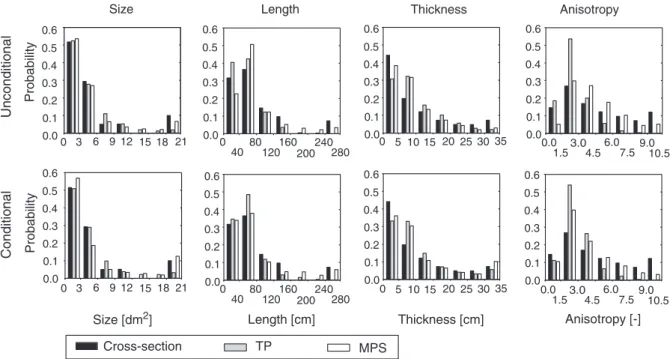 Figure 8. Histograms of the parameters size, length, thickness, and anisotropy of the simulations aimed at reproducing the reference cross section C