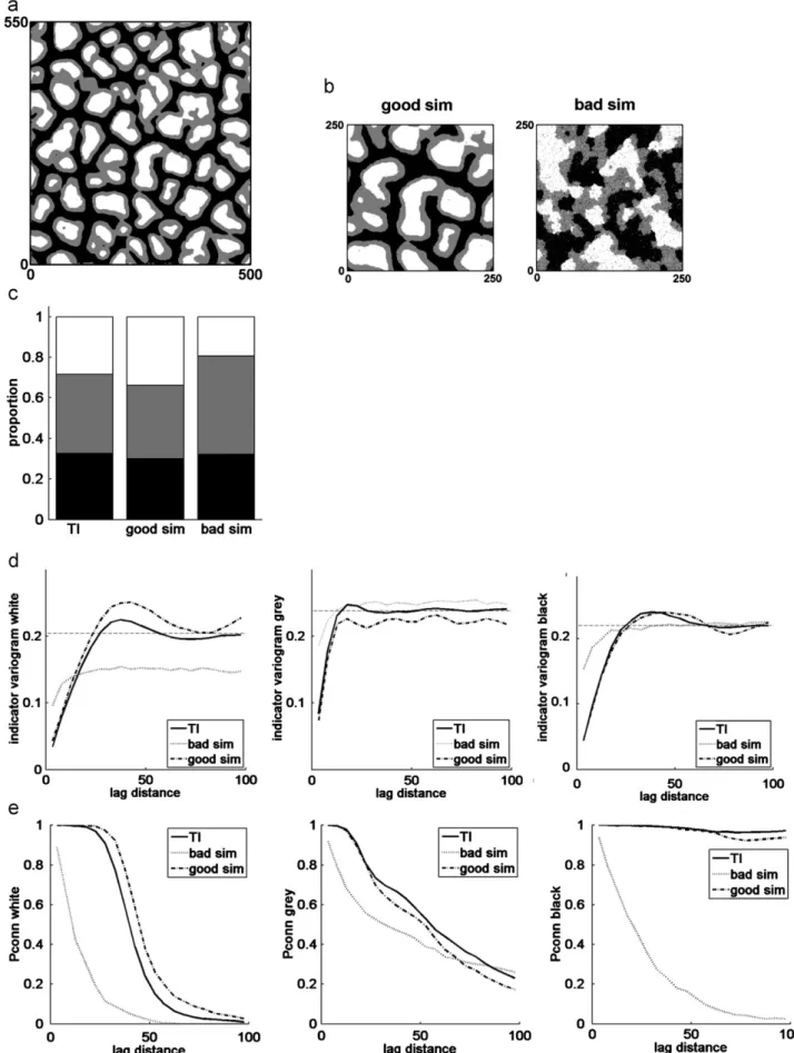 Fig. 6. Reproduction of (a) the categorical ice-wedge TI statistics of (b) a good (t¼0.01, f¼0.5, n¼80) and a bad simulation (t¼0.5, f¼0.5, n¼15) with the reproduction of (c) the histogram, (d) the indicator variograms (the dotted lines represent the TI in