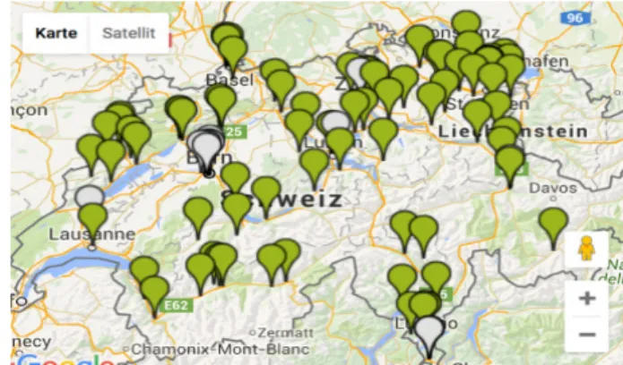 Illustration 1 : hôpitaux de Suisse qui participent. vert : version standard; 
