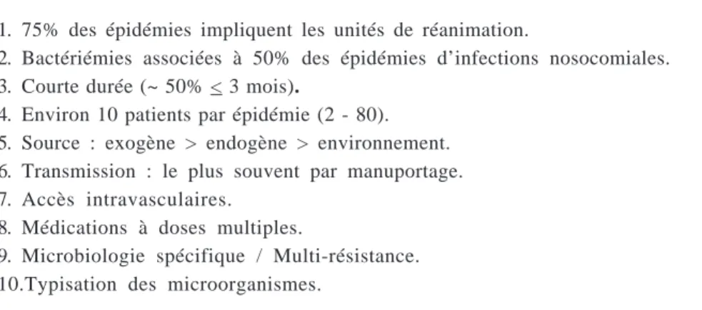 Tableau 3: Epidémies de bactériémies nosocomiales - Résumé en 10 points *