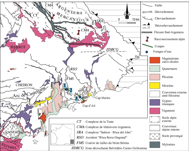 Figure 1 : Carte de situation des forages d’eau profonds et localisation des couloirs de failles bordiers est de l’Arc de Nice