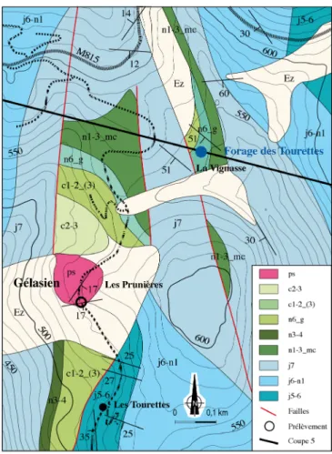 Figure 4 : Localisation des calcaires argileux et marnes du Gélasien (-2,5 à -1,8 Ma) des  Tourettes-Prunières à Globorotalia inflata d’Orbigny (cote : 545 m NGF), par rapport  au forage d’eau profond des Tourettes ayant recoupé entre 135 m et 130 m NGF de