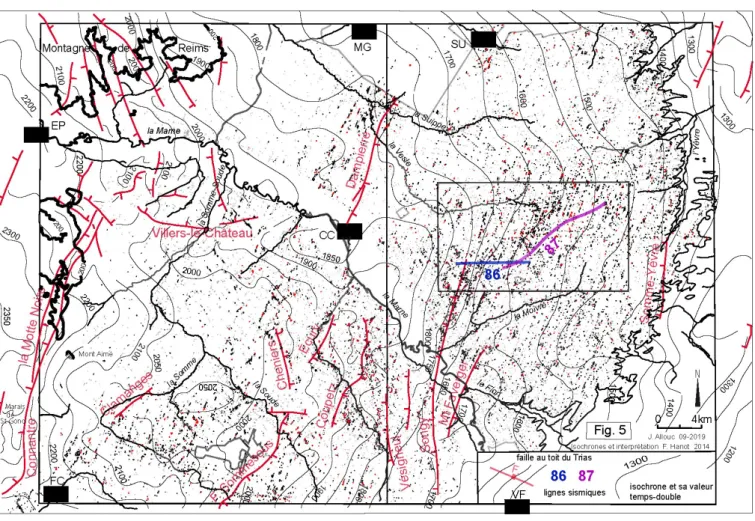 Fig.  5 : Carte de répartition des CFI superposée à la carte interprétée des isochrones temps-doubles (sismique réflexion) du toit du Trias