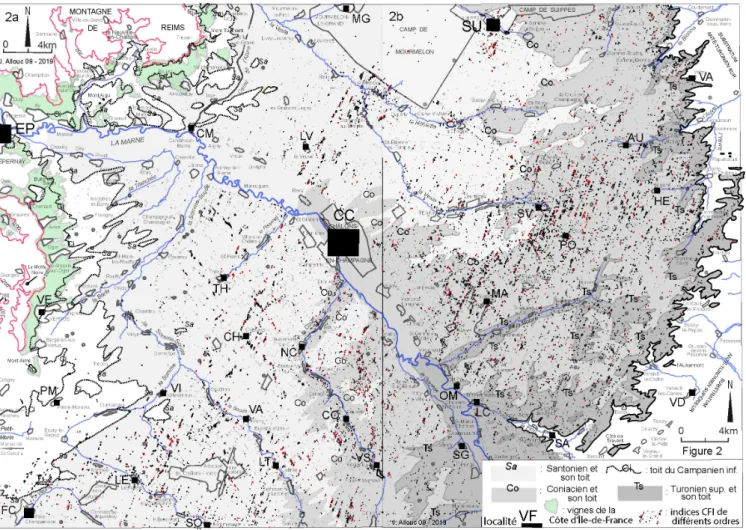 Fig.  2 : 2a(W) et 2b(E) : Cartes des affleurements et indices CFI reportés sur un fond géologique simplifié sans formations superficielles