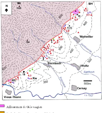 Fig.  8 :  Principaux  blocs  de  grès  et  de  poudingues  remaniés  du  Buntsandstein  moyen dans le champ de fracture de Vieux-Thann, Haut-Rhin, France