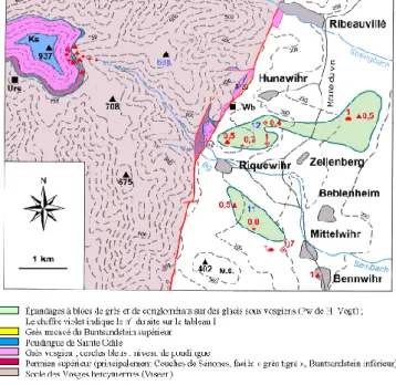 Fig. 9 : Principaux blocs de grès et de poudingues remaniés du Buntsandstein moyen  dans la partie sud du champ de fracture de Ribeauvillé, Haut-Rhin, France