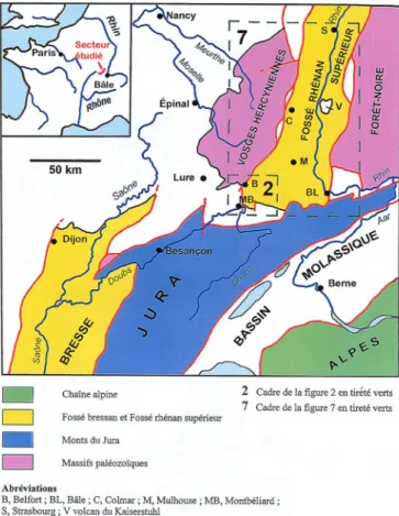 Fig. 1 : Situation du secteur étudié sur les bordures méridionales et orientales des  Vosges.