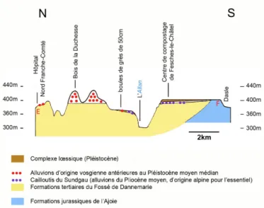 Fig. 4 : Coupe schématique en anamorphose dans les alluvions anciennes à l’Ouest  du seuil de Belfort
