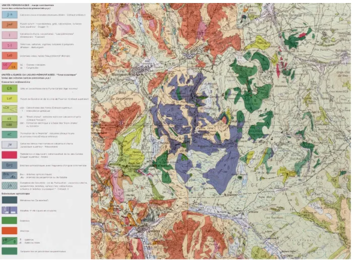 Fig. 1 – Extrait de la carte géologique de Briançon à 1/50 000 (Barféty et al., 1995) centré sur le  massif du Chenaillet