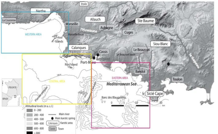Fig. 1 - Les  principaux ensembles topographiques  et morphologique du secteur Marseille-Aubagne et  les trois secteurs maritimes (d’après A