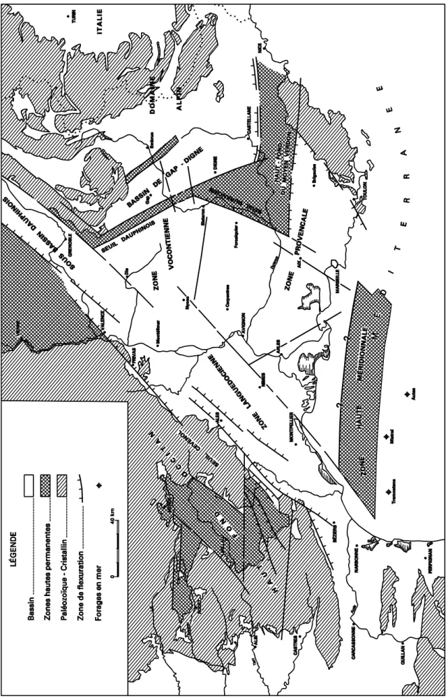 Fig. 4 - Cadre structural et sédimentaire du bassin du Sud-Est, au Mésozoïque (d’après F