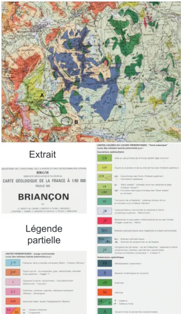 Fig. 3 - Extrait de la carte géologique de Briançon à 1/50 000 (Barféty et al., 1995) avec détail des successions lithostratigraphiques de la marge piémontaise (« Unités piémontaises ») et de l’unité océanique (ophiolite du Chenaillet et couverture liguro-