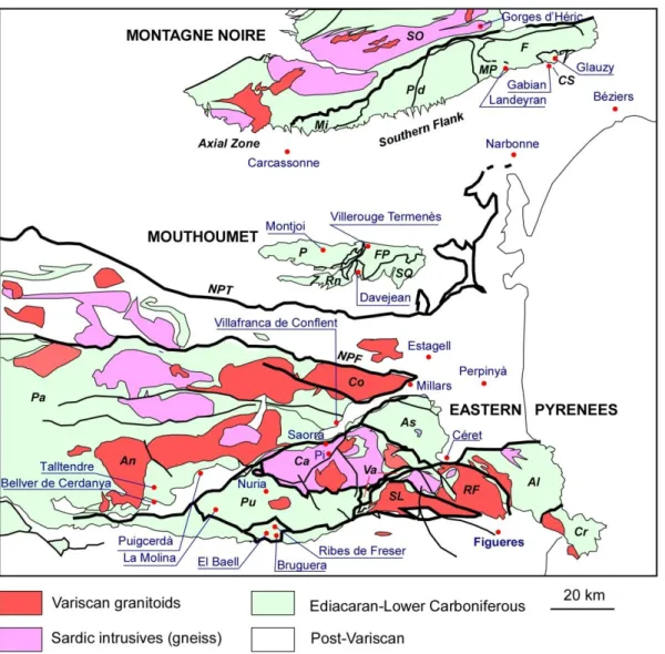 Figure  1.  Geological  sketch  of  the  eastern  Pyrenees  and  Mouhoumet  and  Montagne  Noire  massifs with setting of stops described below