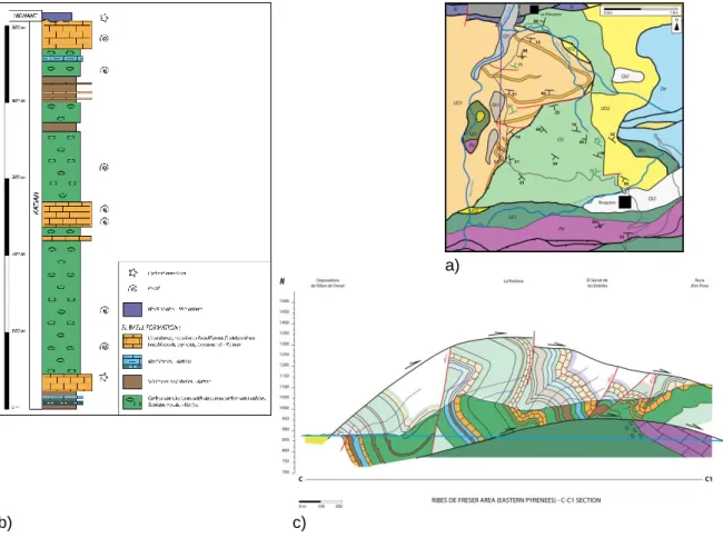 Figure  8.  Geological  map  (a),  stratigraphic  log  (b)  and  cross-section  of  the  El  Baell  unit  along  the Ribes de Freser-Bruguera road, after Puddu et al