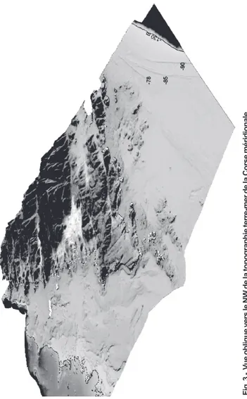 Fig. 3 -  Vue oblique vers le NW de la topographie terre-mer de la Corse méridionale  et de la zone française des Bouches de Bonifacio (niveau marin à -130 mètres)Fig