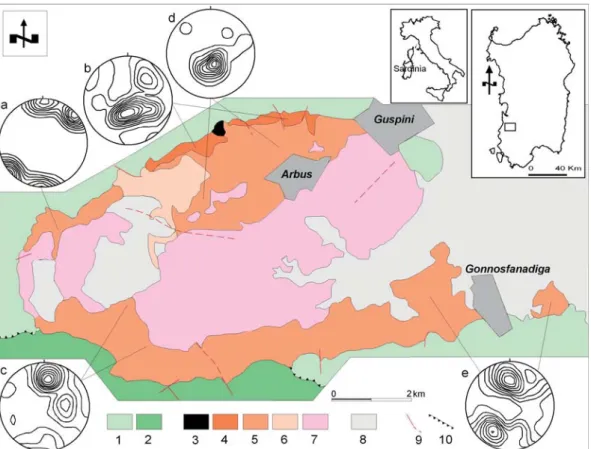 Fig. 1.- Simplified and modified after Secchi et al. (1991). 1-2: metamorphic basement