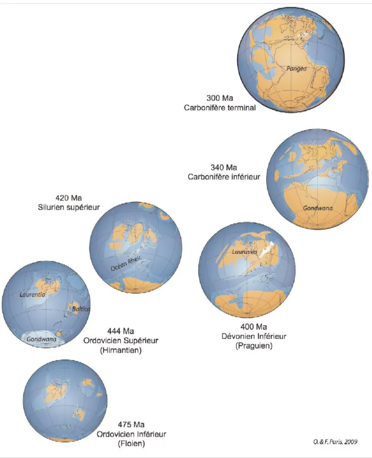 Fig. 3 - Évolution paléogéographique au cours du Paléozoïque (Paris in Dabard et al., 2009)