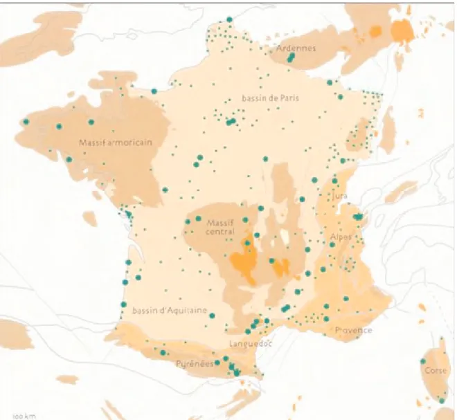 Figure 1 - Le réseau des Réserves Naturelles, nationales, régionales et de Corse. Les points verts plus gros symbolisent les RN présentant un patrimoine géologique remarquable.