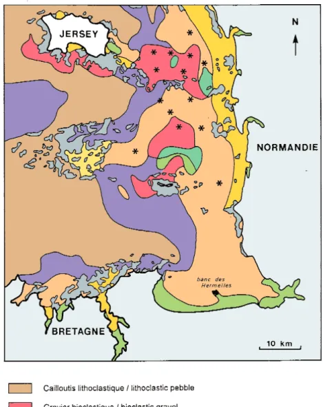 Fig. 2 - Localisation de l'archipel de Chausey et répartition des sédiments superficiels dans le golfe normand-breton (extrait de Vaslet et al., 1979 in Bonnot-Courtois et al., 2002).